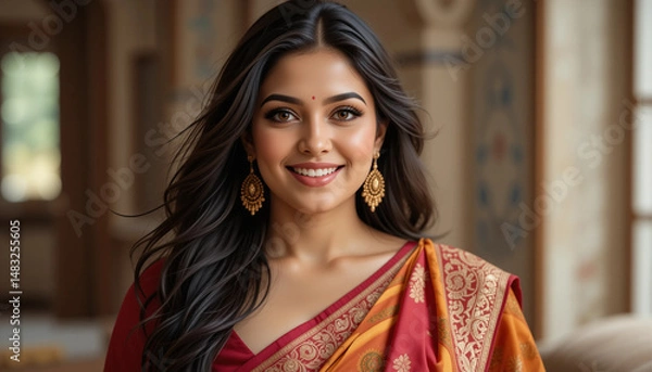Fototapeta Serene Radiance: A portrait of a beautiful woman, adorned in an elegant saree, her expression radiating gentle joy. Capturing the essence of her calm demeanor.