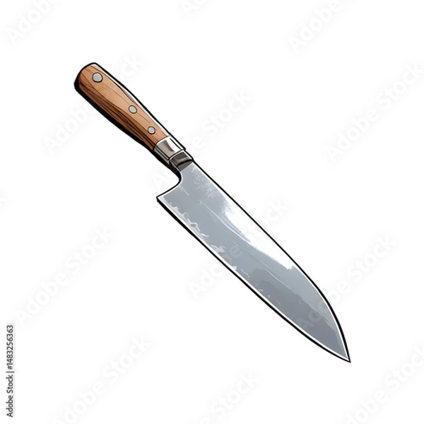 Obraz Chef knife with wooden handle and sharp stainless steel blade isolated on transparent background