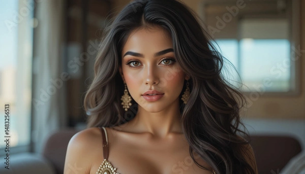Fototapeta Beauty's Gaze: A captivating portrait of a beautiful individual with radiant features and mesmerizing eyes, exuding elegance and poise. 