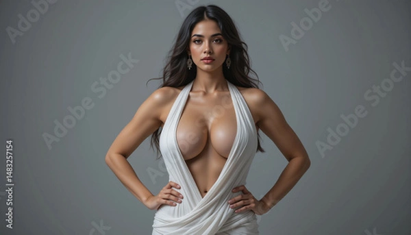 Fototapeta Elegant Pose: A poised woman wearing a dress poses, radiating confidence, charm, and sophistication in a captivating portrait.