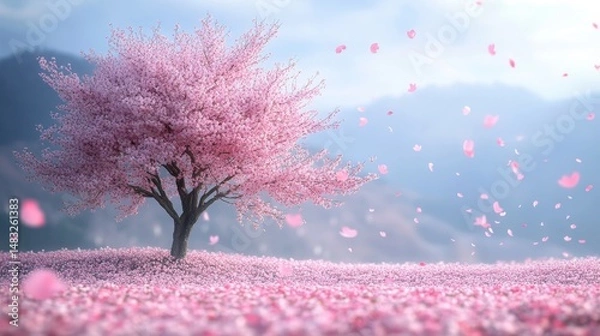 Fototapeta A serene springtime scene of a blossoming tree.