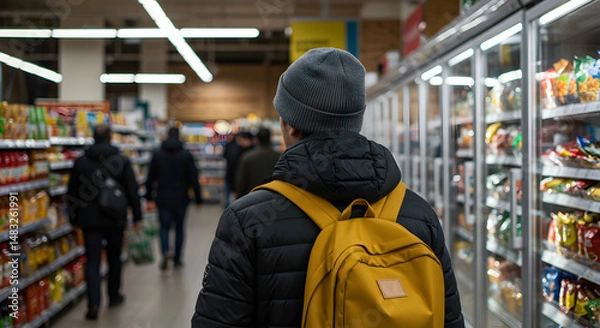 Fototapeta Person with Yellow Backpack Walking Down a Supermarket Aisle with Colorful Snacks and Rows of Shelves and Freezer Cabinets