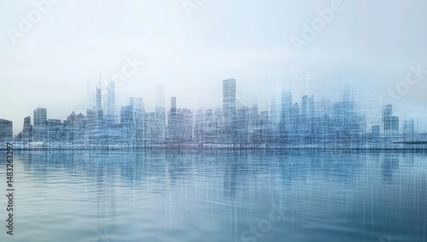 Fototapeta City skyline, blurred and overlaid with digital lines, reflecting on calm water