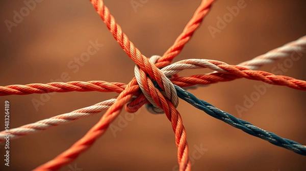 Fototapeta Intertwined cords, knot, connection, teamwork, abstract background, business concept