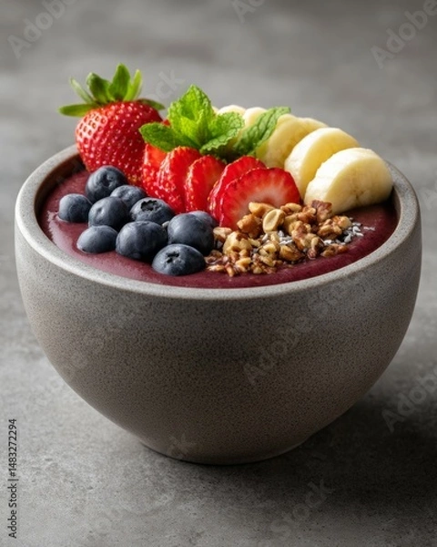 Fototapeta A smoothie bowl topped with fresh strawberries, blueberries, banana slices, granola, and mint leaves, presented in a matte gray bowl on a textured gray surface.