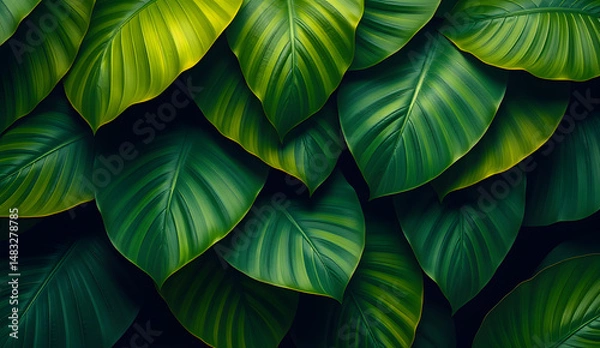 Fototapeta Desktop wallpaper of large tropical green leaves, perfect for nature lovers, environmentalists, or anyone wanting a calming, organic background for their computer screen