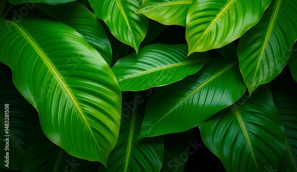Fototapeta Desktop wallpaper of large tropical green leaves, perfect for nature lovers, environmentalists, or anyone wanting a calming, organic background for their computer screen