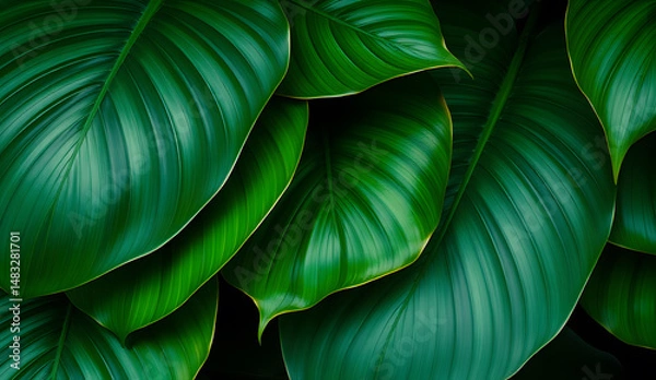 Fototapeta Desktop wallpaper of large tropical green leaves, perfect for nature lovers, environmentalists, or anyone wanting a calming, organic background for their computer screen