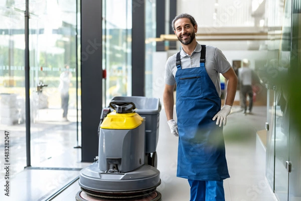 Fototapeta Janitor smiling confidently while operating a floor scrubber in a modern office lobby during daytime hours, showcasing professionalism and diligence in maintaining cleanliness