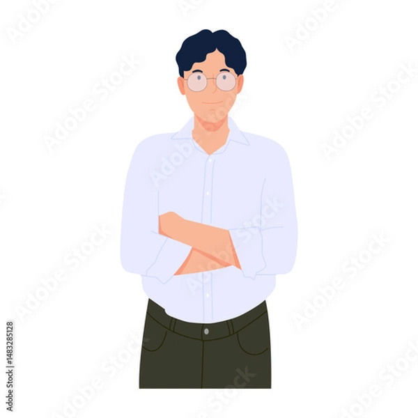 Fototapeta Man standing with arms crossed, smiling. confident, smart, has a positive attitude and is a leader. Vector illustration isolated on white background.