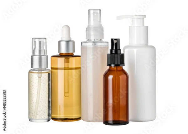 Fototapeta  Group of skincare bottles in different shapes and sizes, centered composition, realistic style isolated on a transparent background.