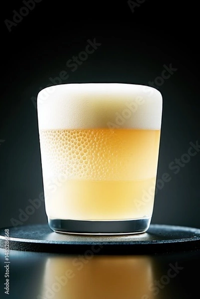 Fototapeta Refreshing craft beer in frosted glass with rich foam head on dark background