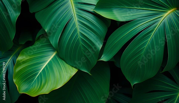 Fototapeta Desktop wallpaper of large tropical green leaves, perfect for nature lovers, environmentalists, or anyone wanting a calming, organic background for their computer screen