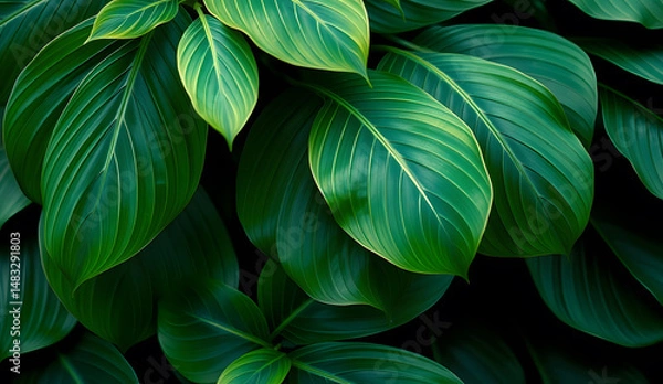 Fototapeta Desktop wallpaper of large tropical green leaves, perfect for nature lovers, environmentalists, or anyone wanting a calming, organic background for their computer screen