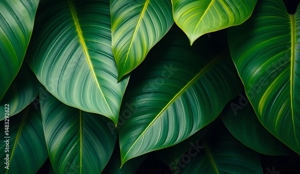 Fototapeta Desktop wallpaper of large tropical green leaves, perfect for nature lovers, environmentalists, or anyone wanting a calming, organic background for their computer screen