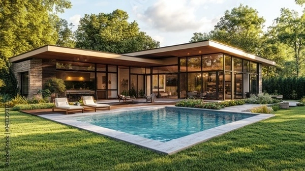 Obraz Modern home with pool and patio