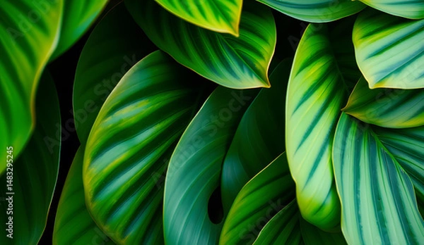 Fototapeta Desktop wallpaper of large tropical green leaves, perfect for nature lovers, environmentalists, or anyone wanting a calming, organic background for their computer screen