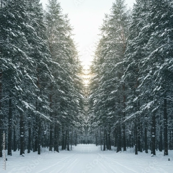 Fototapeta Snowy Path Through a Tranquil Pine Forest in Winter