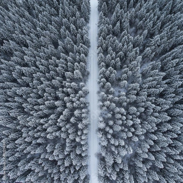 Fototapeta Aerial View of Snow Covered Forest with Road