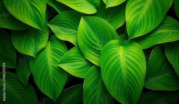 Fototapeta Desktop wallpaper of large tropical green leaves, perfect for nature lovers, environmentalists, or anyone wanting a calming, organic background for their computer screen