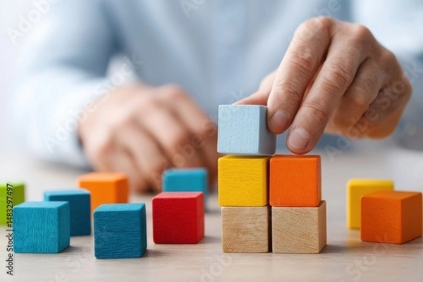 Fototapeta A person stacks colorful wooden blocks, symbolizing organization, planning, and creativity.