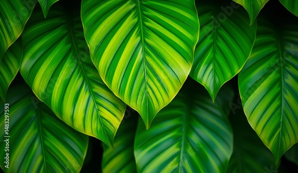 Fototapeta Desktop wallpaper of large tropical green leaves, perfect for nature lovers, environmentalists, or anyone wanting a calming, organic background for their computer screen