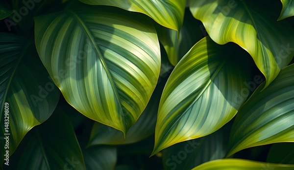 Fototapeta Desktop wallpaper of large tropical green leaves, perfect for nature lovers, environmentalists, or anyone wanting a calming, organic background for their computer screen