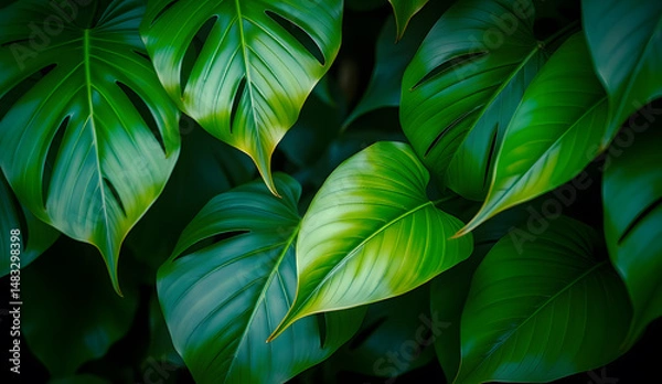 Fototapeta Desktop wallpaper of large tropical green leaves, perfect for nature lovers, environmentalists, or anyone wanting a calming, organic background for their computer screen