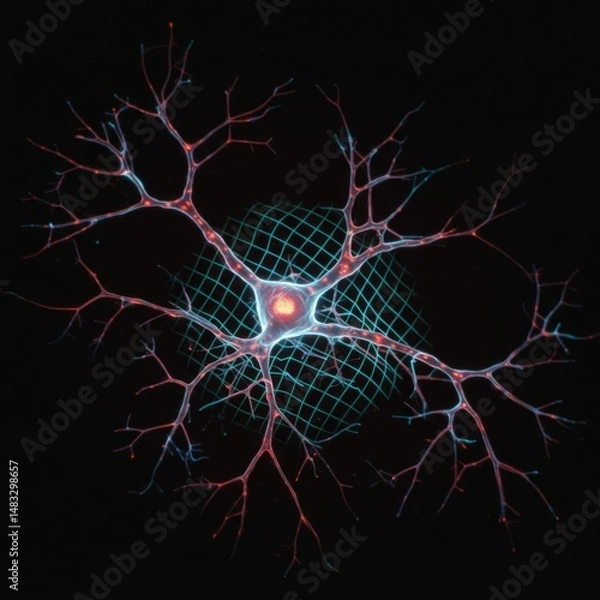 Fototapeta Microscopic Neuron Cell Structure with Red and Blue Filaments