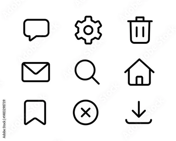 Fototapeta Interface icon set. Chat, settings gear, trash bin sign. Email, search magnifier, home house symbol. Bookmark, cancel button, download arrow pictogram. App UI illustration.