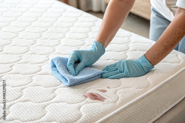 Fototapeta Cleaning mattress with microfiber cloth, removing stains effectively