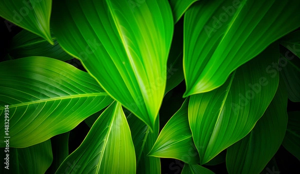Fototapeta Desktop wallpaper of large tropical green leaves, perfect for nature lovers, environmentalists, or anyone wanting a calming, organic background for their computer screen