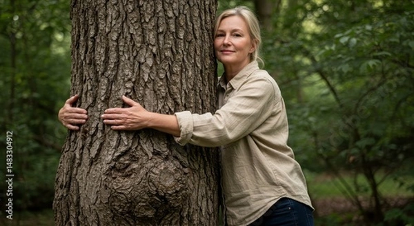 Obraz Woman Embraces Nature's Strength - A woman hugs a large tree, symbolizing connection, environmentalism, peace, growth, and the power of nature