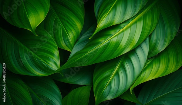Fototapeta Desktop wallpaper of large tropical green leaves, perfect for nature lovers, environmentalists, or anyone wanting a calming, organic background for their computer screen