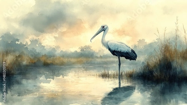 Obraz Sunrise over a serene wetland with a stork