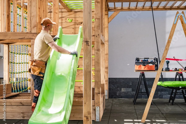 Fototapeta Construction Worker Installs Green Slide in Wooden Playset During Bright Daylight at a Residential Backyard