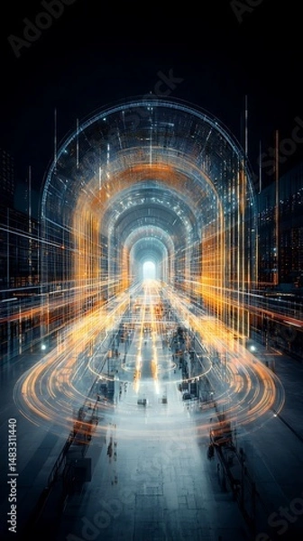 Fototapeta Futuristic tunnel, digital art, train station