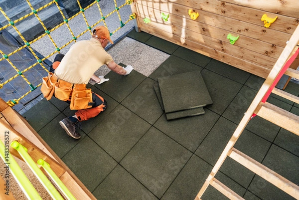 Fototapeta Worker Installing Safety Tiles in a Playground Area During Daylight Hours
