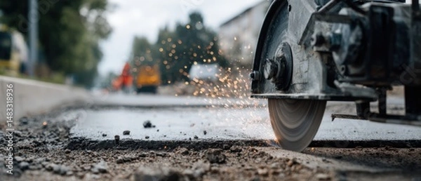 Fototapeta Asphalt road cutting machine in action with flying sparks during roadwork construction, showcasing industrial equipment and infrastructure maintenance