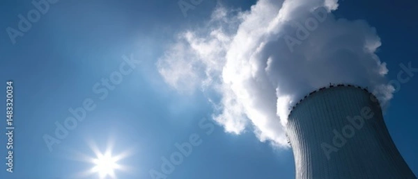 Obraz Low angle view of Nuclear Power Plant Cooling Tower with steam against a clear blue sky and sunburst, concept of energy production and environmental impact