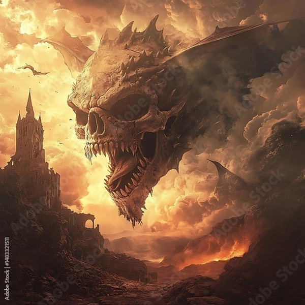 Obraz Cyberpunk skull surrounded by glowing lights and energy high resolution picture