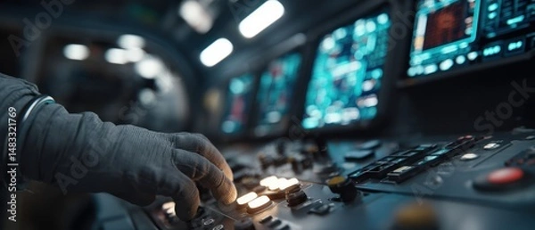 Obraz Gloved hand operating futuristic control panel with glowing screens in a spaceship cockpit Concept of space exploration, technology, and science fiction