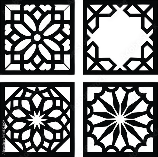 Fototapeta Elegant geometric pattern design comprising four different detailed abstract decorative floral elements