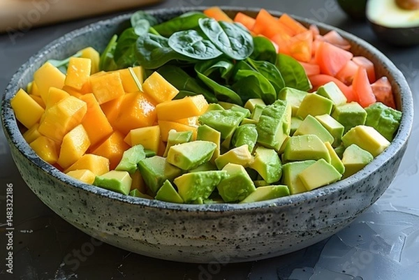 Fototapeta A large bowl filled with vibrant diced mango, avocado, fresh spinach, and chopped tomatoes is ready for a nutritious meal. Perfect for a refreshing and health-conscious dish