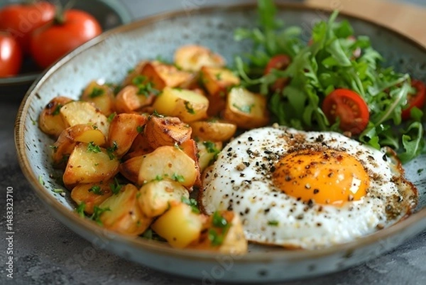 Fototapeta A colorful breakfast spread featuring a perfectly fried egg beside golden roasted potatoes and fresh arugula with cherry tomatoes. This meal showcases a simple yet nutritious start to the day