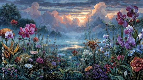Obraz A lush array of flowers in radiant bloom lines a misty lake at dusk