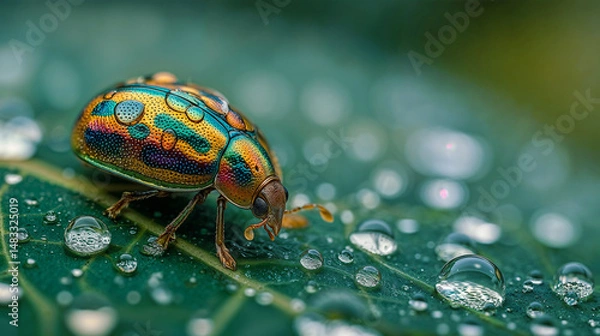 Obraz A dazzling jewel-like beetle, adorned with glistening raindrops, explores the surface of a leaf.