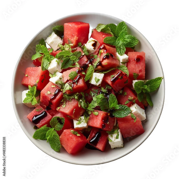 Fototapeta Fresh summer watermelon feta salad with mint and balsamic dressing isolated white background
