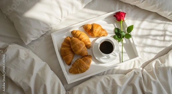 Fototapeta Top-down of breakfast in bed: croissants, coffee, and a single red rose on a white tray, shot with 24mm lens, high key lighting.