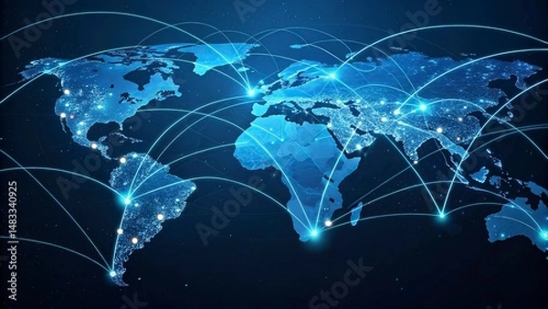 Fototapeta World map on a technological background, glowing lines symbols of the Internet, world map newtwork.